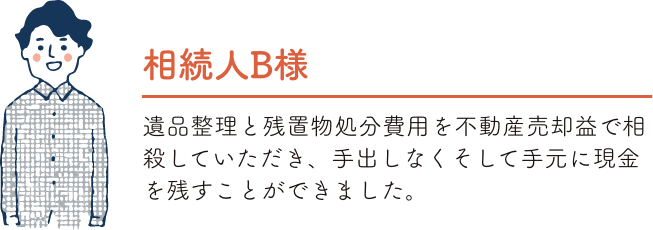 相続人B様 遺品整理と残置物処分費用を不動産売却益で相殺していただき、手出しなくそして手元に現金を残すことができました。